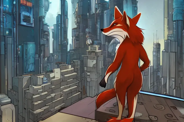 Image similar to an anthropomorphic fox with a fluffy tail staring over a futuristic city from the top of a roof, comic art, trending on furaffinity, cyberpunk, backlighting, cartoon