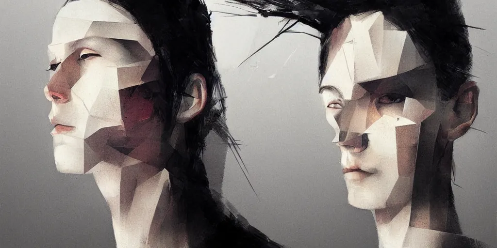 Image similar to highly detailed portrait of a portrait geometric face modernist bauhaus minimalism, by greg rutkowski and fujimoto tatsuki, dramatic lighting, dynamic pose, dynamic perspective