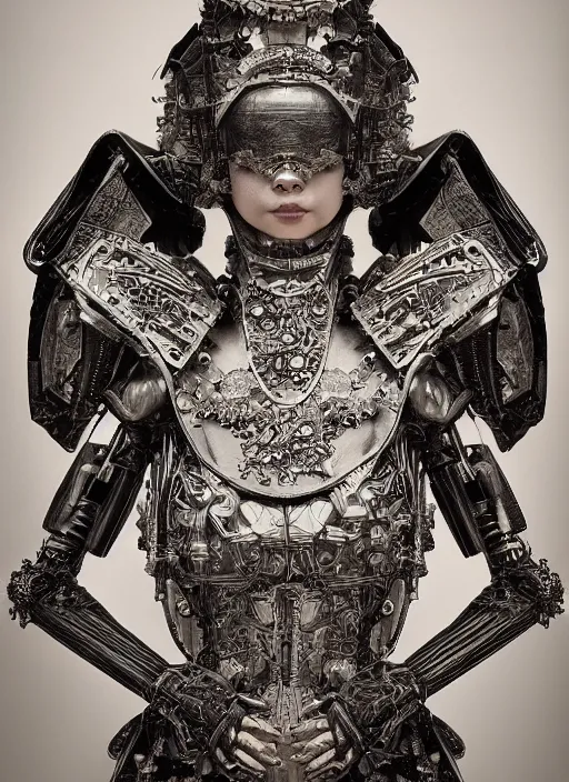 Image similar to old wetplate daguerreotype frame portrait of a futuristic silver armored dictator geisha district 9 cyborg, fractal, intricate, elegant, highly detailed, subsurface scattering, by jheronimus bosch and greg rutkowski and louis jacques mande daguerre