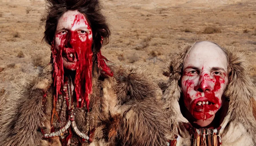 Image similar to high realistic photo portrait of esoteric tribes members with taxidermic flesh bloody jaw and elaborate red clothes in the desert, eastmancolor, heavy grain, high quality,