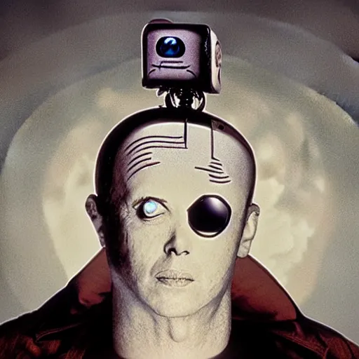 Prompt: The man with robot head, movie by Tim Burton