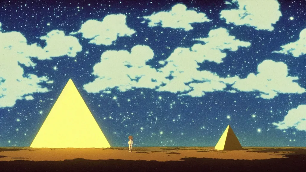 Image similar to a movie still from a studio ghibli film showing a huge glowing pyramid with a floating gold capstone on a misty and starry night. by studio ghibli