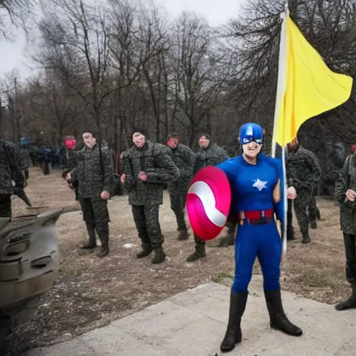 Image similar to Volodimir Zelensky as captain america holding an ukrainian flag on an urban battle field