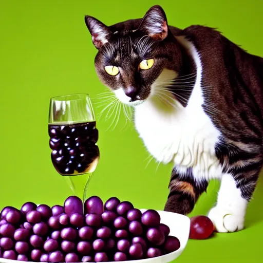 Prompt: A photo of a cat made of grapes. This cat consists entirely out of grapes!