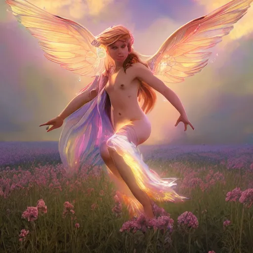 Image similar to an iridescent unicorn with translucent wings frolicking in a field of marijuana, a nebula is in the sky, art by artgerm and greg rutkowski and alphonse mucha, concept art, octane render, unreal engine 5, highly detailed, high quality, 8 k, soft lighting, path traced