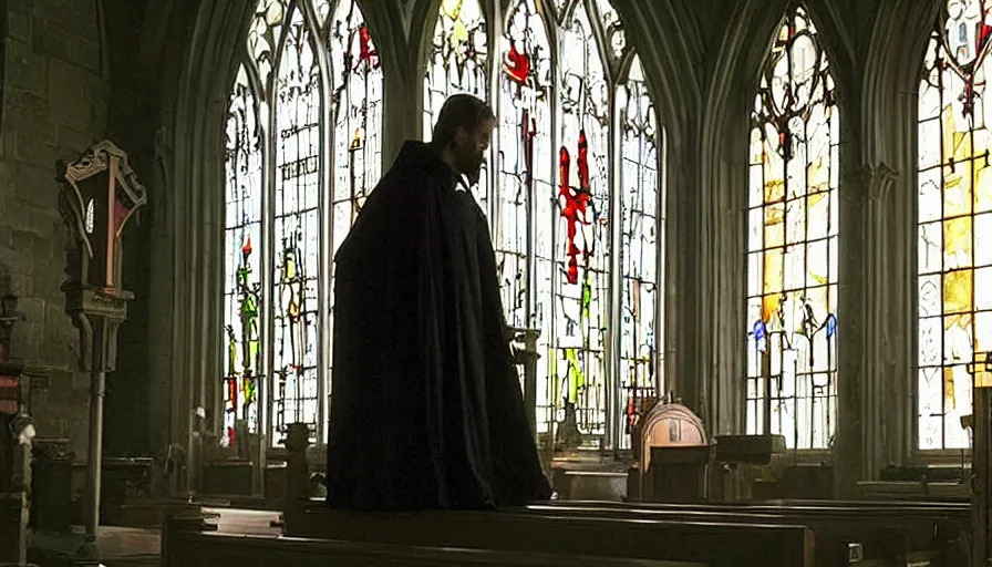 Prompt: Movie by Ridley Scott about an 16th church with stained glass windows where a lavishly dressed necromancer priest bows before a crucified cyborg zombie