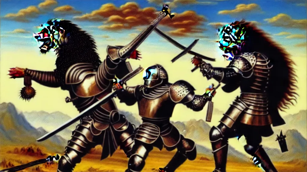 Image similar to fully armored knight wielding an automatic weapon fighting a lion in a medieval setting, painted by bob ross