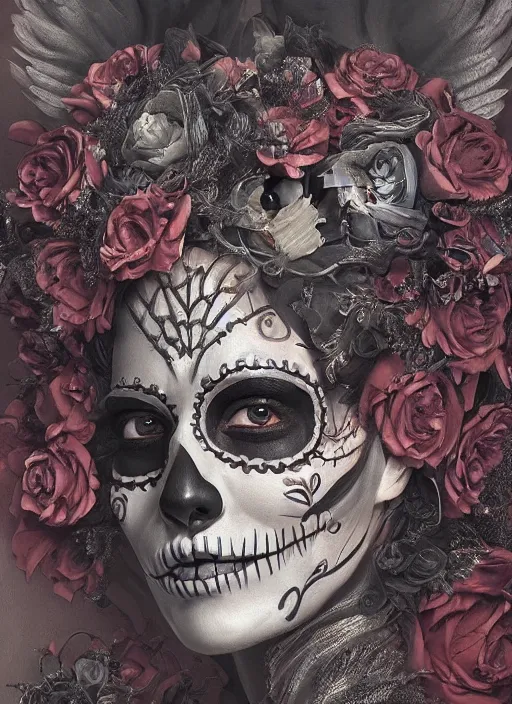 Image similar to digital _ painting _ of _ dia de los muertos _ by _ filipe _ pagliuso _ and _ justin _ gerard _ symmetric _ fantasy _ highly _ detailed _ realistic _ intricate _ port