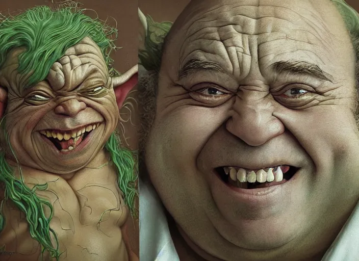 Image similar to a highly detailed portrait of Danny Devito as a crazy laughing drunk Yoda on a bad ketamine drug trip, pale green skin, descent into lunacy and madness, dizzy, trippy, artstation, cgsociety, very detailed, intricate, detailed illustration, by artgerm and greg rutkowski and alphonse mucha, sharp, smooth, masterpiece