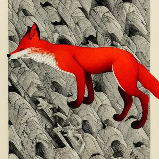 Prompt: the fox was the most canny of creatures, lithograph, watercolors, ink, m.c. escher, moebius