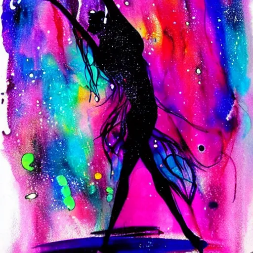 Image similar to abstract ink and acrylic painting, ink drawing shape of a dancing beautiful woman silhouette!, pouring, sprays, nebulae colors, black dark blue purple and pink color scheme, curves, starfield, artstation, pinterest