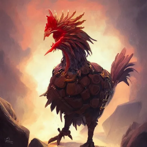 Image similar to primitive golden battle rooster, d & d, fantasy, portrait, digital painting, trending on artstation, concept art, sharp focus, illustration, art by artgerm and greg rutkowski and magali villeneuve