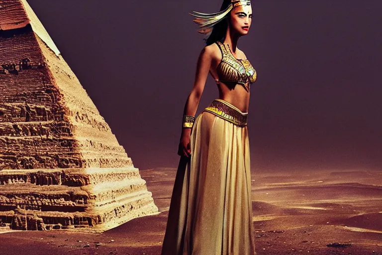 Image similar to a cinematic photograph of a beautiful woman wearing egyptian clothing stood on a pyramid overlooking a vast dystopian desert landscape with a river, rainy day, beautiful lighting, depth, accurate details, by marco mazzoni and zack snyder