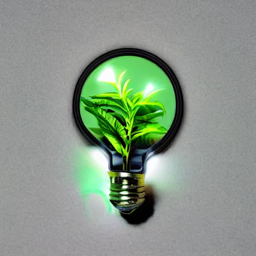 Prompt: a glowing lightbulb, a green plant inside, polaroid photo, surreal,