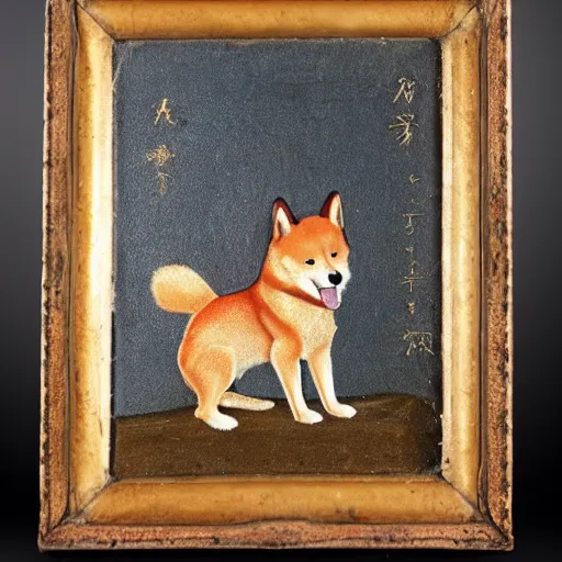 Prompt: a medieval oil painting of a red sesame coat shiba inu in military attire