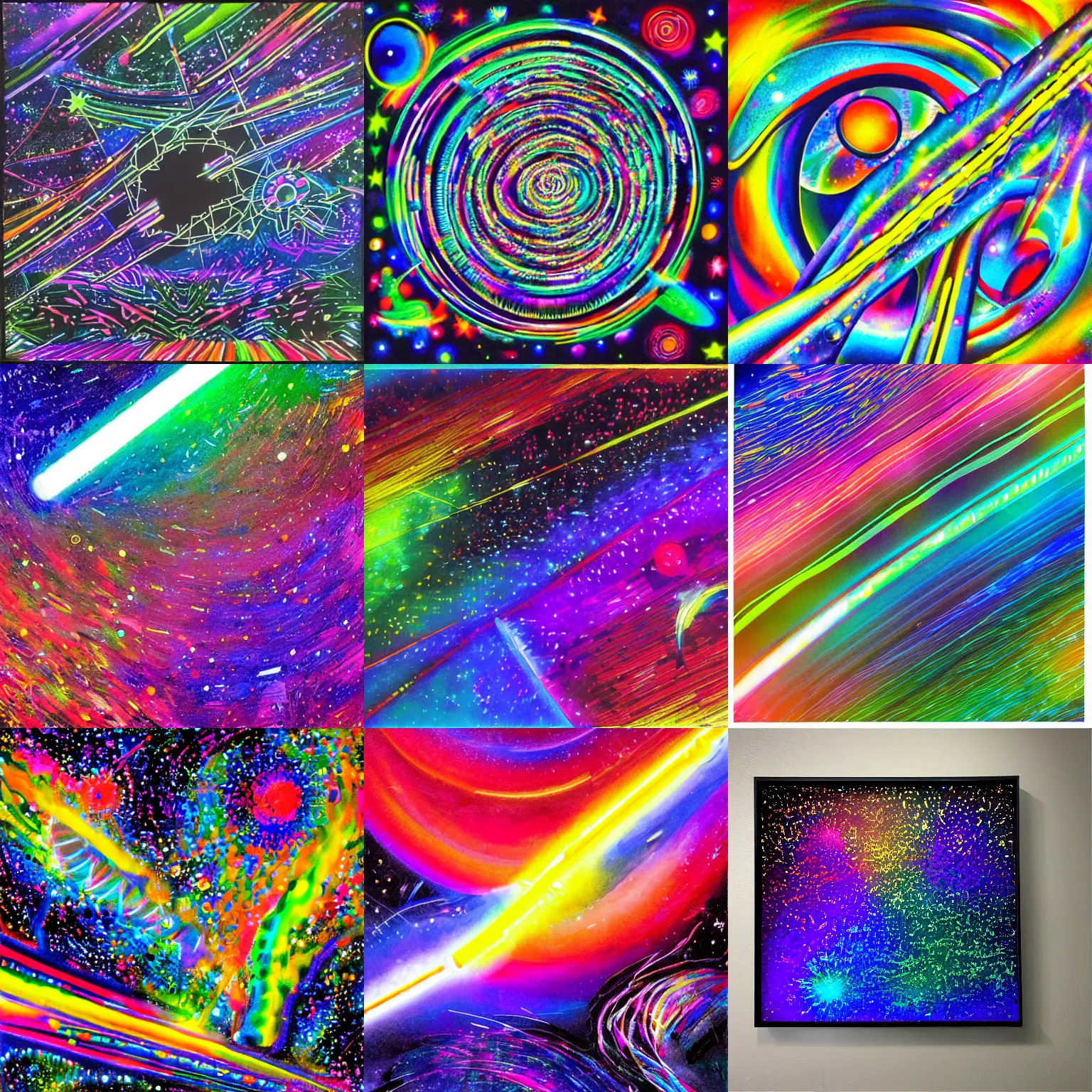 Prompt: painting of Neon geometric sonic the hedgehog 🌌 in metallic light trail light saber galaxies by Okuda San Miguel and kandinsky on a starry black canvas, galaxy gas brushstrokes, metallic flecked paint, metallic flecks, glittering metal paint, metallic paint, glossy flecks of iridescence, glow in the dark, Uv, blacklight, Uv blacklight, colorful, 8k, 4k, brush strokes, painting, highly detailed, iridescent texture, brushed metal