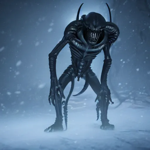 Prompt: full shot of darkness alien xenomorph at moonlight, snowing, detailed, unreal engine 4k volumetric light, fog,