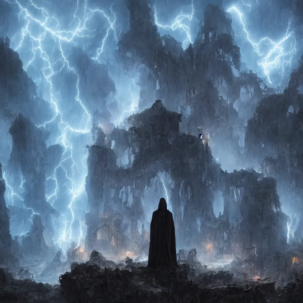 Image similar to a still of a cloaked figure standing in the ruins of crux prime, monastery, there is lightning, blue fiery maelstrom in the distance, it is raining, digital art, artstationhq