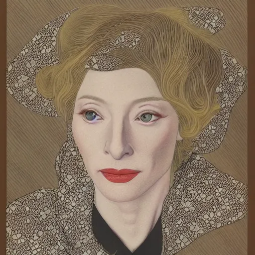 Image similar to “ cate blanchett portrait by ikenaga yasunari and ayana otake and ko rakusui, 6 0 s poster, drawing, realistic, sharp focus, japanese, dreamy, nostalgia, faded, golden hues, floral clothes, porcelain skin ”