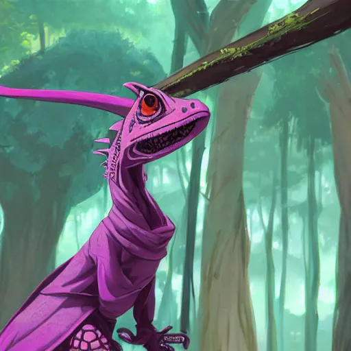 Image similar to concept art painting of an anthropomorphic lizard wearing magenta wizard robes, in the deep forest, realistic, detailed, cel shaded, in the style of makoto shinkai and greg rutkowski and james gurney