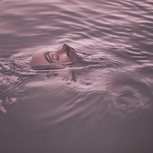 Prompt: a woman's face underneath the water, serene emotion, film grain