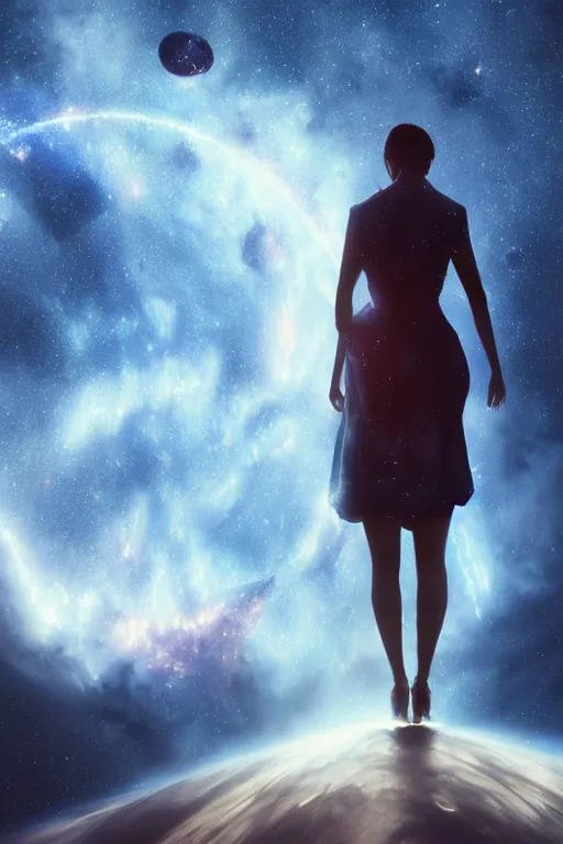 Image similar to a woman, wearing a dress made of stars and nebulae, dramatic, volumetric lighting, planets in the background, smooth, sharp focus, very detailed, by greg rutkowski, artstation, tom badshaw, 8 k, symmetrical face