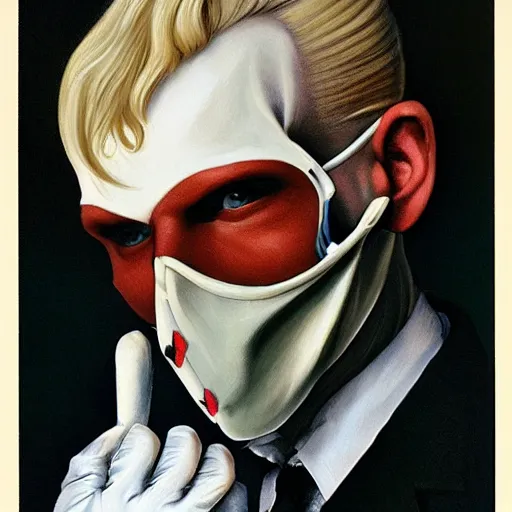 Prompt: portrait of a blond suited man with medical gloves and a skull mask, by Gerald Brom