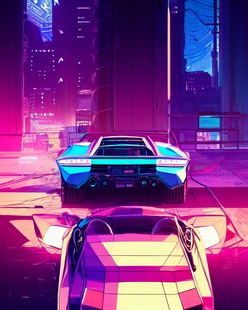 Image similar to digital illustration of cyberpunk pretty girl with blue hair, looking at a purple lamborghini, back view, in junkyard at night, by makoto shinkai, ilya kuvshinov, lois van baarle, rossdraws, basquiat