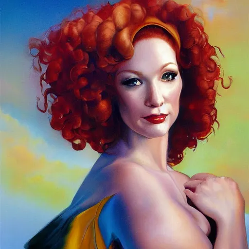 Image similar to christina hendricks as painted by boris vallejo and julie bell, oil on canvas