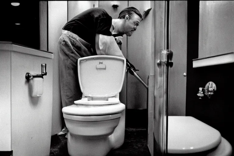 Prompt: leonardo dicaprio cleaning a toilet, ominous lighting, by richard avedon, tri - x pan stock