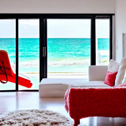 Image similar to a white interior of a house, with a bright red couch, and a blue cupboard in the background, green rug on the ground infront of the couch, and a sliding door open with the wind blowing white curtains open, and a view of a white sand beach out the door