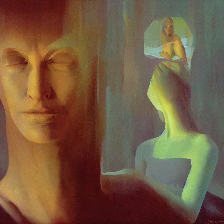 Prompt: portrait painting of the crystal woman, Edward Hopper and James Gilleard, Zdzislaw Beksinski, Steven Outram highly detailed