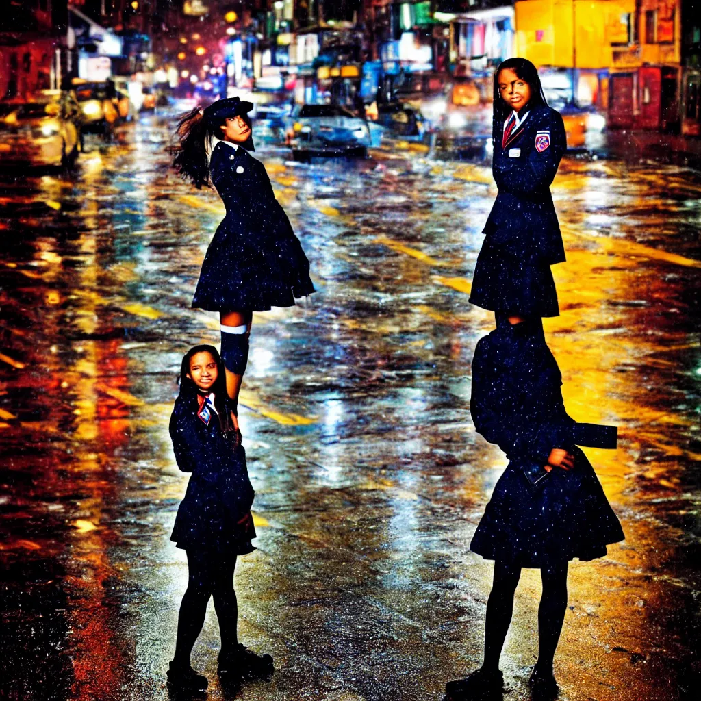 Image similar to night flash portrait photography of a high school girl in uniform on the lower east side by annie leibovitz, colorful, nighttime!, raining!