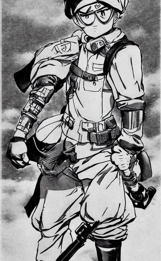 Image similar to manga, monochromatic, toriyama akira, soldier girl character, sandbags, soldier clothing