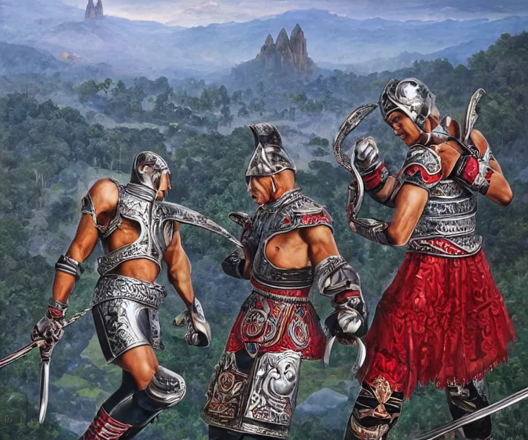 Prompt: wide angle shot from above of silver ornate armor slim muay thai handsome warriors in battle!!! mountains and giant gothic abbeys in the background, hyperrealism, fine detail, 8 k, high contrast color scheme, blue at the background red at the foreground!!!, dynamic perspective, oil canvas by mandy jurgens and michael whelan