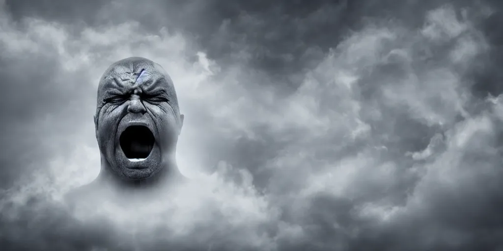 Prompt: angry face in a standalone realistic gray cloud on black background