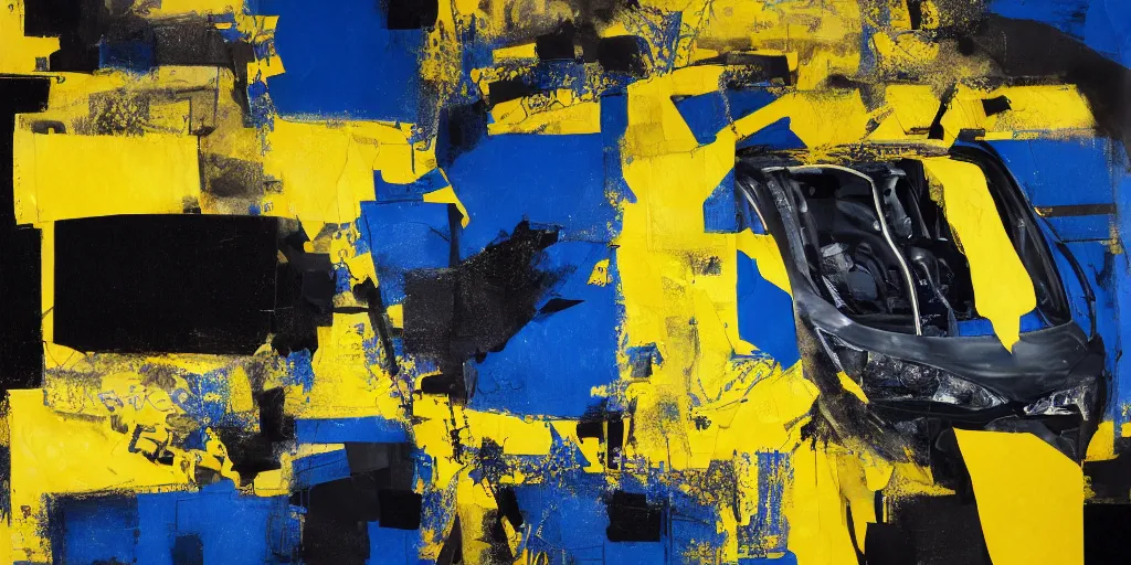 Image similar to rendered in blender car crash test, yellow, blue and black, collage paper and tape, acrylic on canvas, hyperrealism mixed with expressionism, high resolution, cinematic, unreal 6, breathtaking detailed, by blake neubert