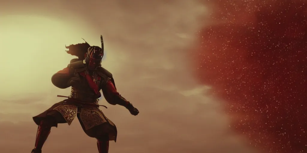 Image similar to a film still of a light skinned black man starring as an ancient samurai flying in a futuristic spacecraft, japanese blockbuster film, the sky is red, shallow depth of field, cinematic, award winning cgi, vfx, film still