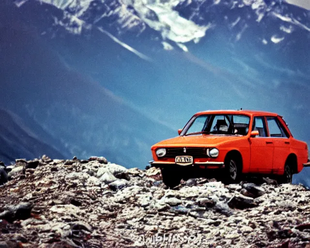 Prompt: a lomographic photo of old lada 2 1 0 7 standing on top of the mount everest, cinestill, bokeh