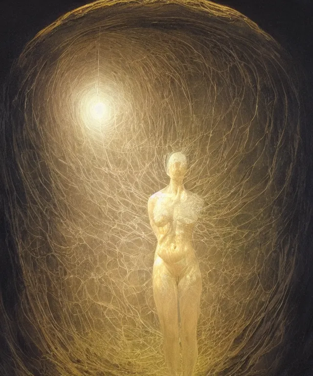 Image similar to Beautiful full-body wax sculpture of a glowing transparent woman inside egg in the singularity where stars becoming baroque folds of dark matter by Michelangelo da Caravaggio, Nicola Samori, William Blake, Alex Grey and Beksinski, dramatic volumetric lighting, highly detailed oil painting, 8k, masterpiece