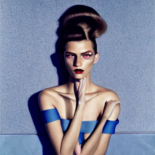 Prompt: young beautiful woman, sexy, gorgeous highly detailed face, hyperrealistic, full body portrait photography, high fashion, fashion pose, full body pose, 8 k, uhd, ultra sharp focus, art by vogue, guy bourdin, horst p. horst, laura zalenga