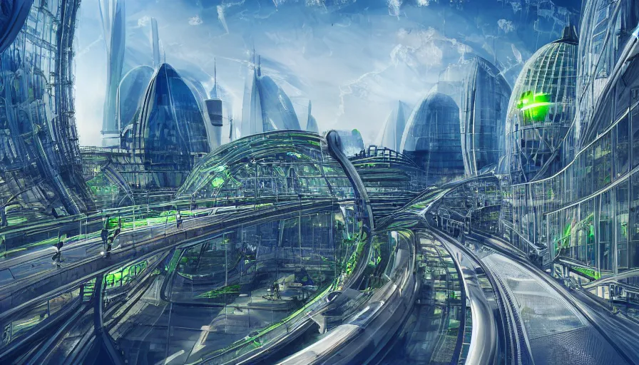 Prompt: futuristic ecological london with white glass domes, blue spiral glass scyscrapers, green alleys, highways, train station, big ben by roger madrini, hyperdetailed, artstation, cgsociety, 8 k