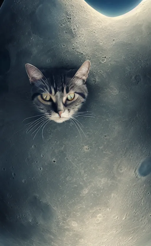 Image similar to a cat sitting on the surface of the moon, Photo, 4k,octane render, photorealism, concept art, deviant art, cyberpunk, bladerunner High definition, ultra realistic, 35mm