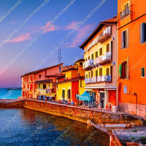 Image similar to sunset in a coastal town in italy, photorealistic, dynamic light, ultra detailed, cinematic