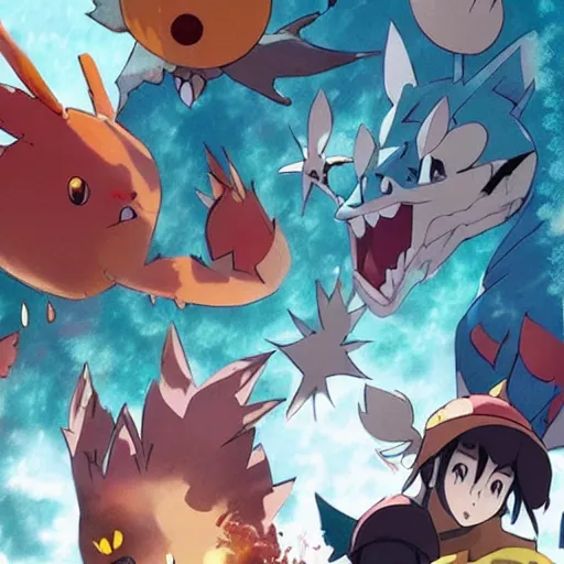 Image similar to poster for a film fantasy japanese animation called pokemon chicken attack, 8 k, hd, dustin nguyen, akihiko yoshida, greg tocchini, greg rutkowski, cliff chiang