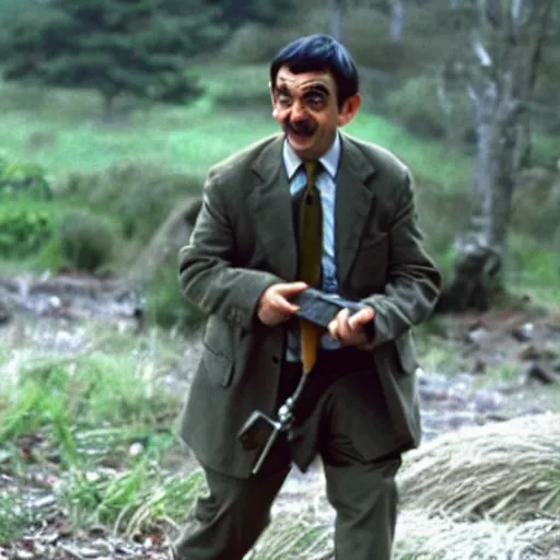 Prompt: A still of Mr Bean in Rambo First Blood