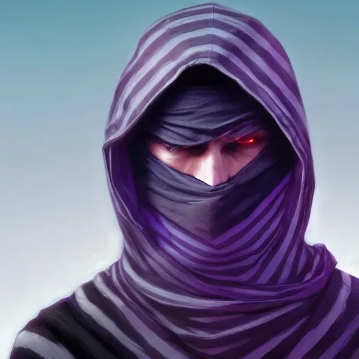 Image similar to ultra realistic illustration, man in a black hood, in a striped purple balaclava, mysterious, highly detailed, digital painting, artstation, concept art, smooth, sharp focus, illustration, art by artgerm and greg rutkowski and alphonse mucha