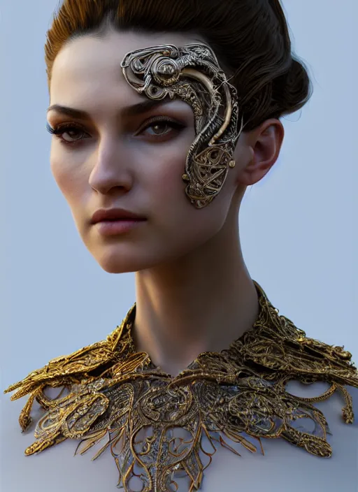 Prompt: a portrait of female in wearable sculpture art, intricate details, elegant, highly detailed, digital photography, artstation, glamor pose, concept art, smooth, sharp focus, art by artgerm and greg rutkowski, 3 d character, film, photorealistic, unreal engine