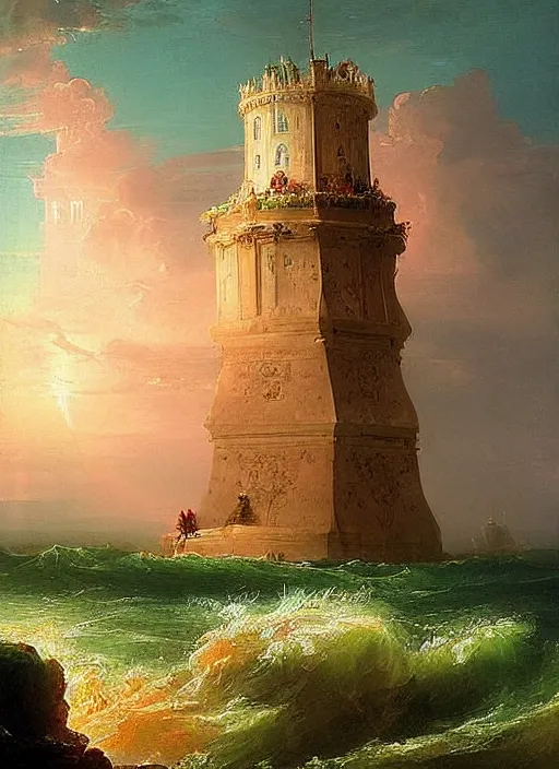 Image similar to a delicate ornate white fantasy tower with pink and green decoration splashes upwards from a turbulent ocean, dramatic lighting, rich colors, beautiful painting by Thomas Cole