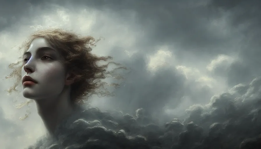 Image similar to face in the clouds, face made out of clouds, fantasy, dramatic, intricate, elegant, highly detailed, digital painting, artstation, concept art, smooth, sharp focus, illustration, art by gustave dore, octane render